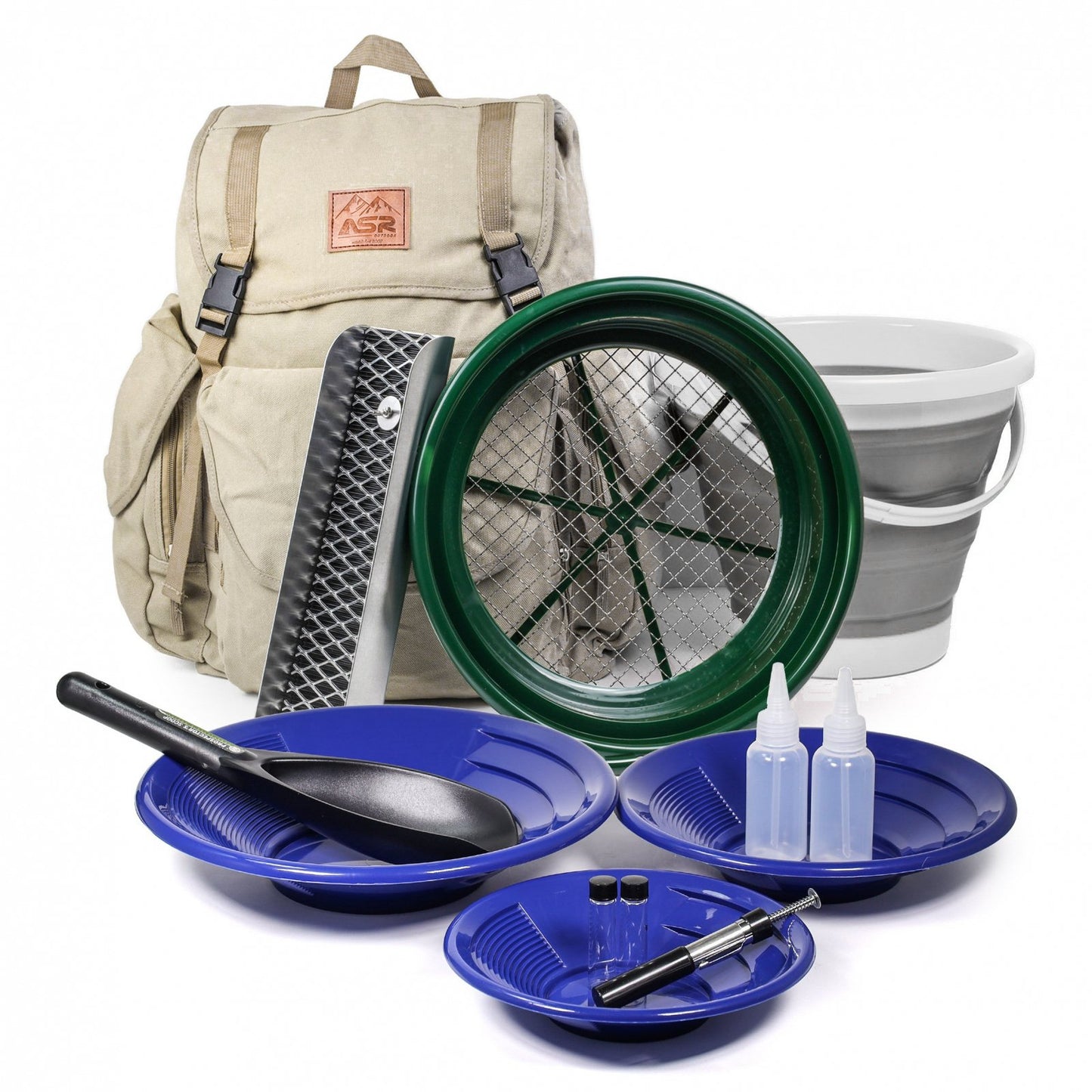 13pc gold panning backpack kit with a collapsible bucket to store concentrates full of gold potential