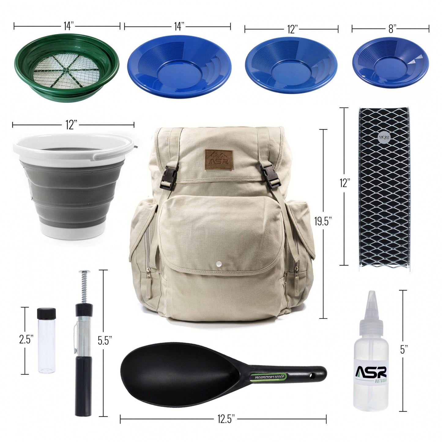 13pc gold panning backpack kit with a collapsible bucket to store concentrates full of gold potential