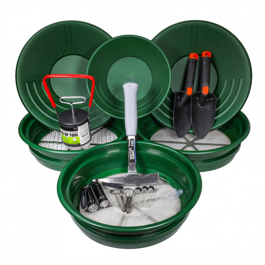 19 piece ultimate gold panning kit with 3 gold pan set and 3 deep stack classifier set