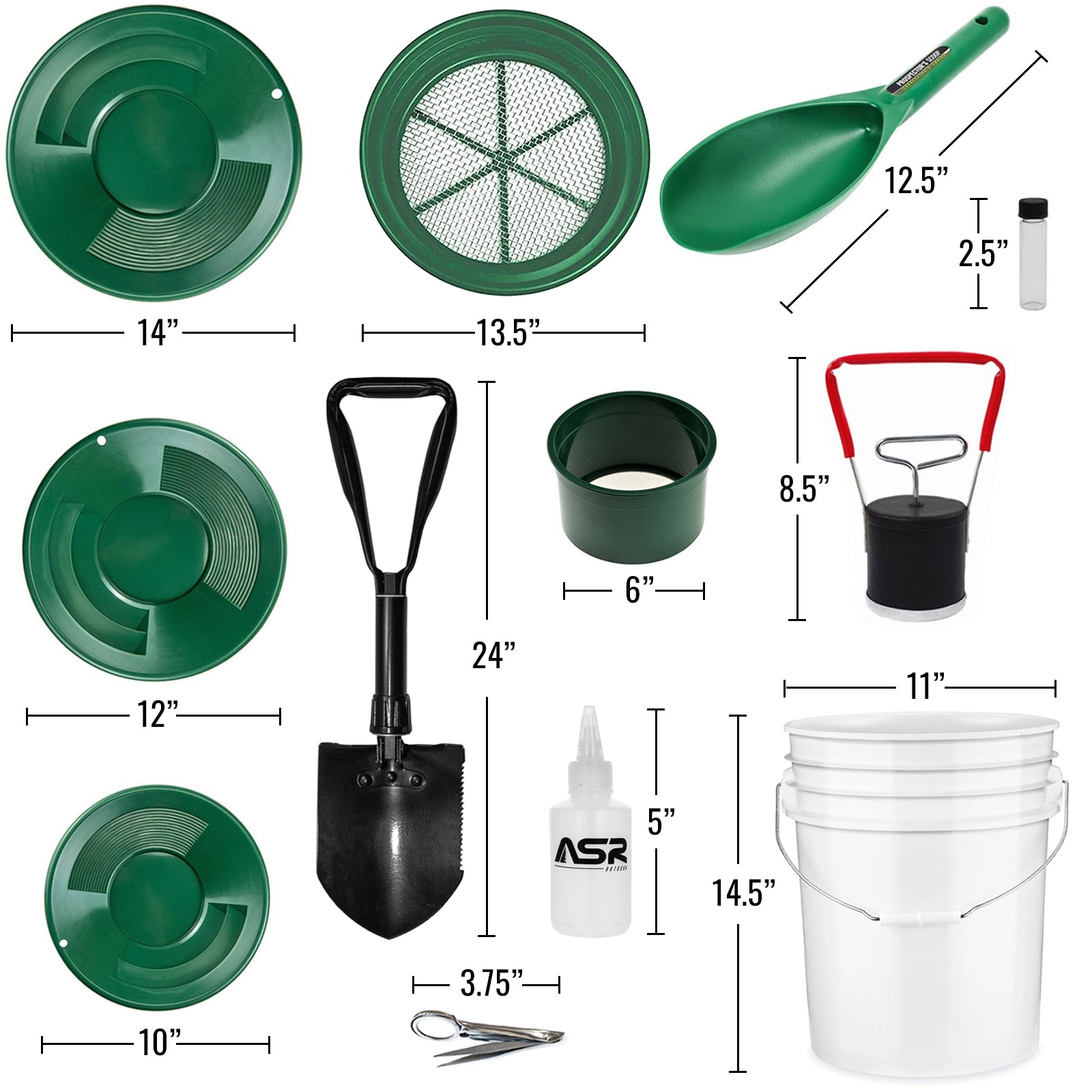 Set of green gold prospecting mining tools with measurements on a white background