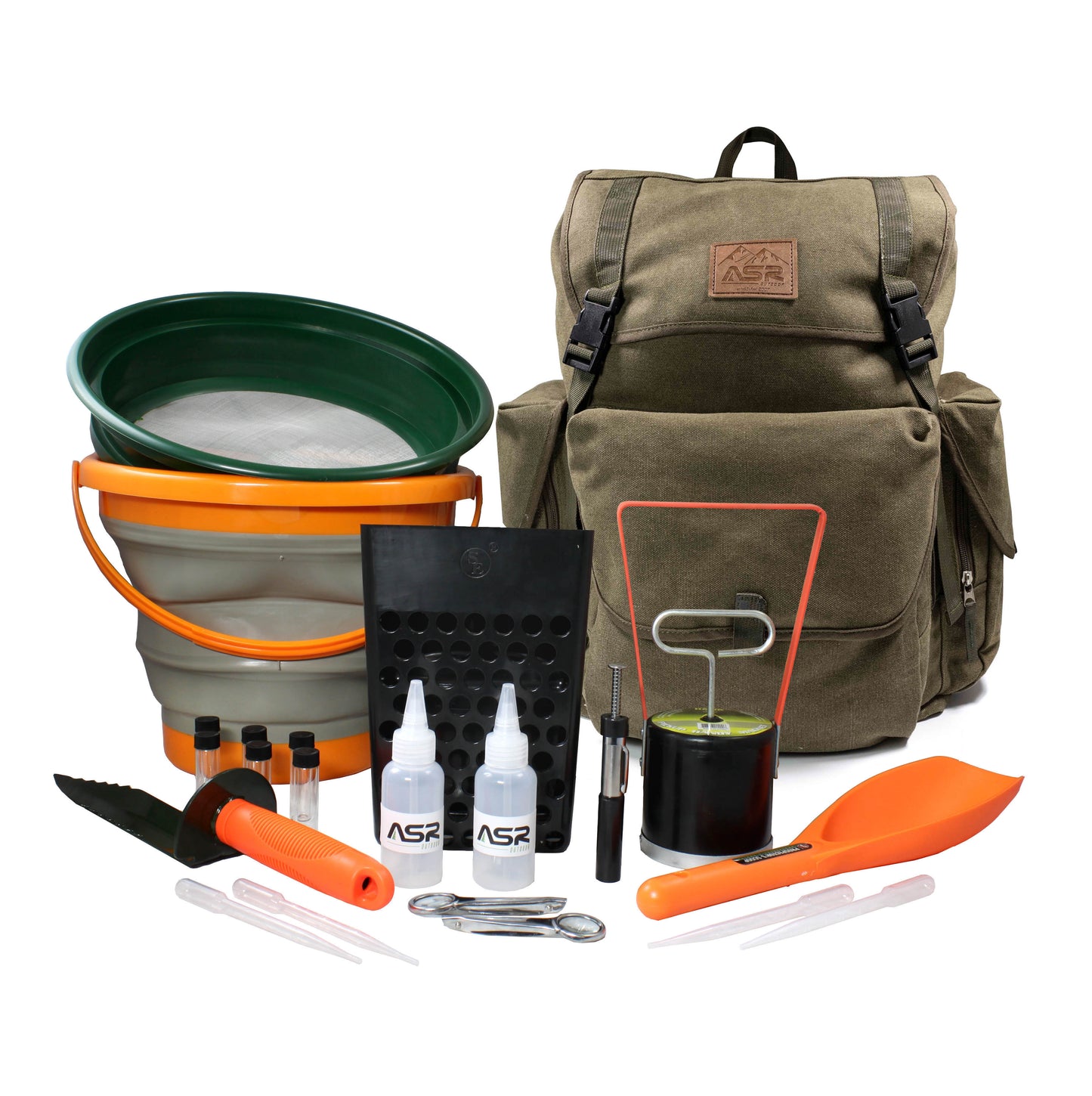 Backpack with camping gear including a bucket, tools, and bottles on a white background