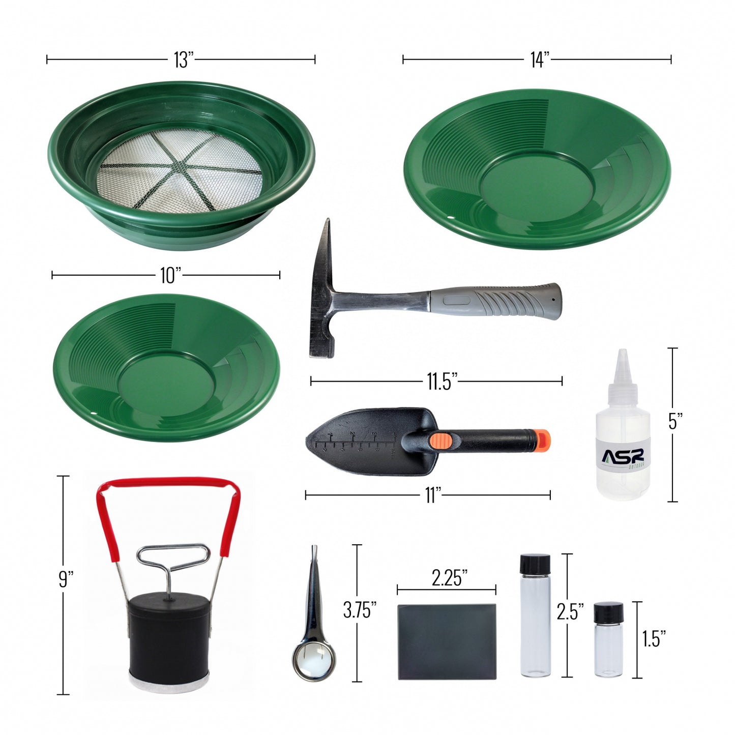 24pc full gold panning kit includes dual riffle pans magnet snifter bottles deep stack classifier and rock hammer pick