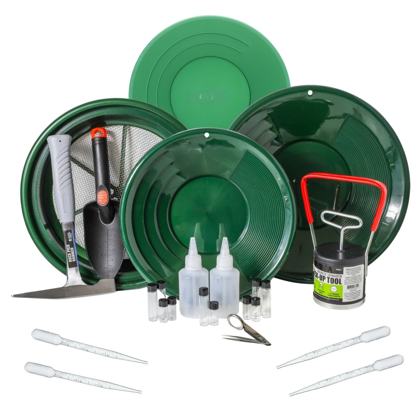 24pc full gold panning kit includes dual riffle pans magnet snifter bottles deep stack classifier and rock hammer pick