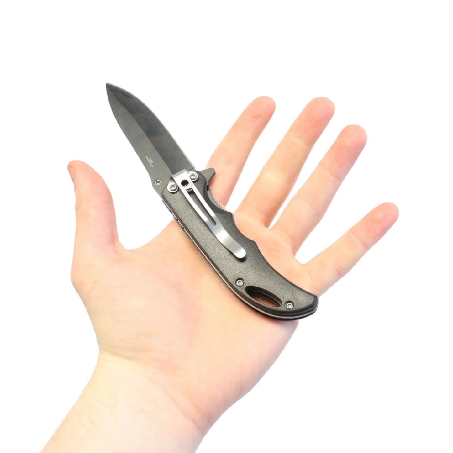 Size of Flip knife in hand product photography