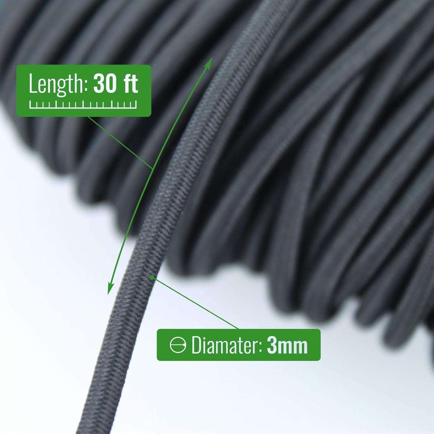 Elastic Shock Cord Natural Rubber 30 Feet 3mm Diameter, Black