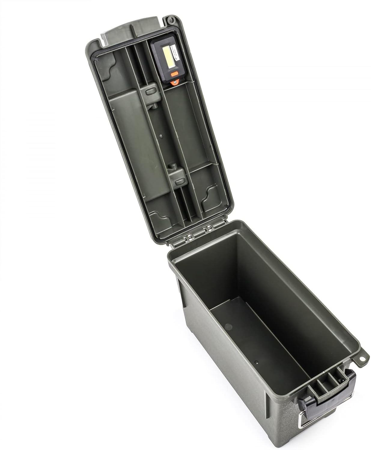 Ammo box with the lid open. Interior lighting for storage