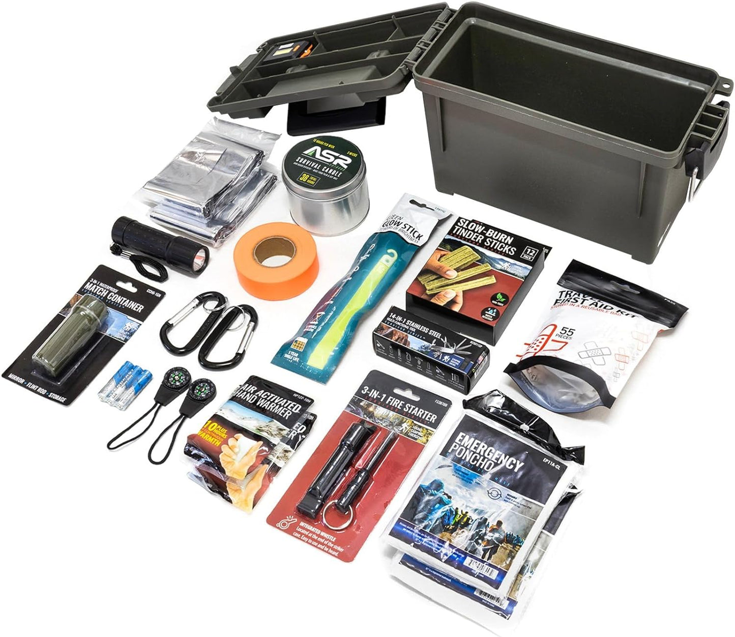 An array of emergency preparedness items including a black illuminated dry box, a flashlight, a mini compass, a fire starter, a pocket knife, a first aid kit in a resealable bag, and various other survival tools.