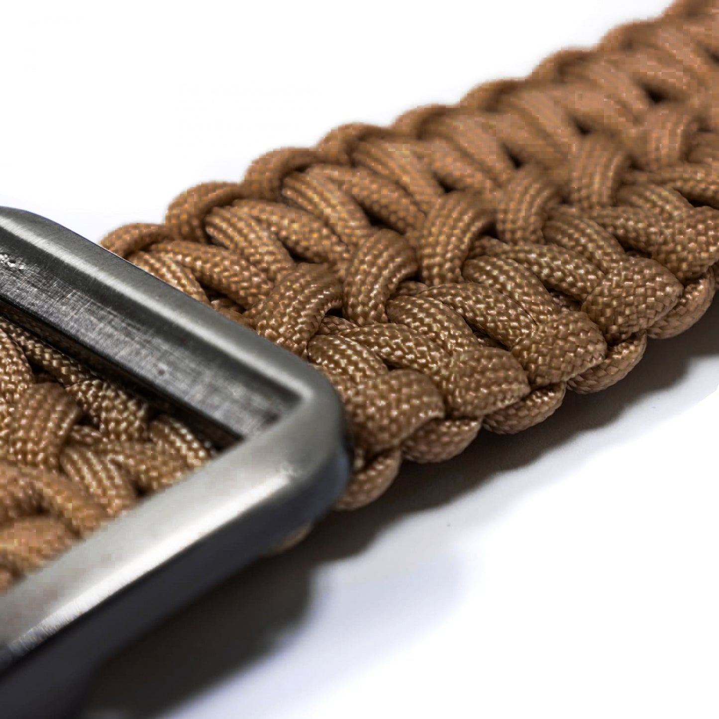 Brown braided belt with a silver buckle on a white background