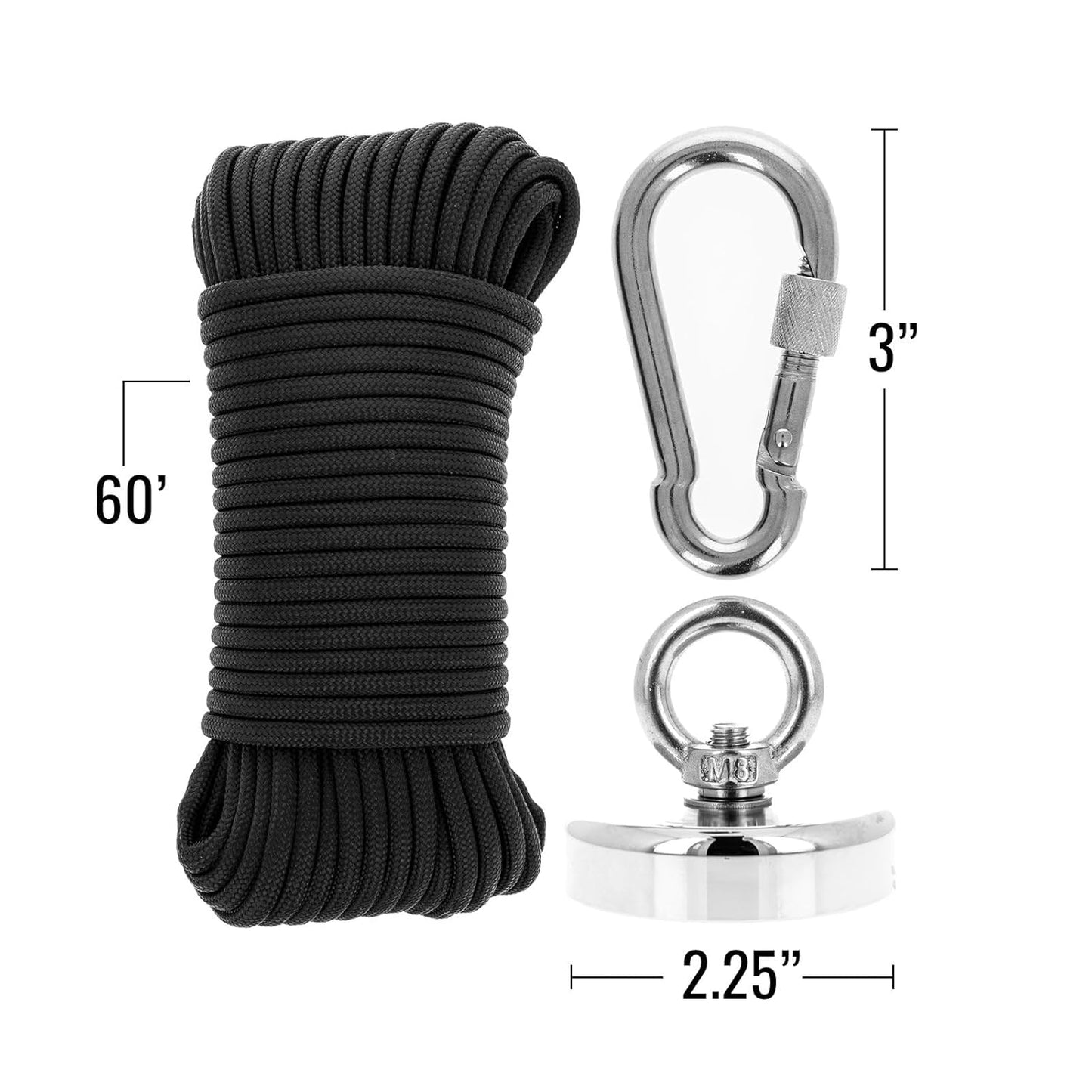 size chart of paracord magnet fishing kit
