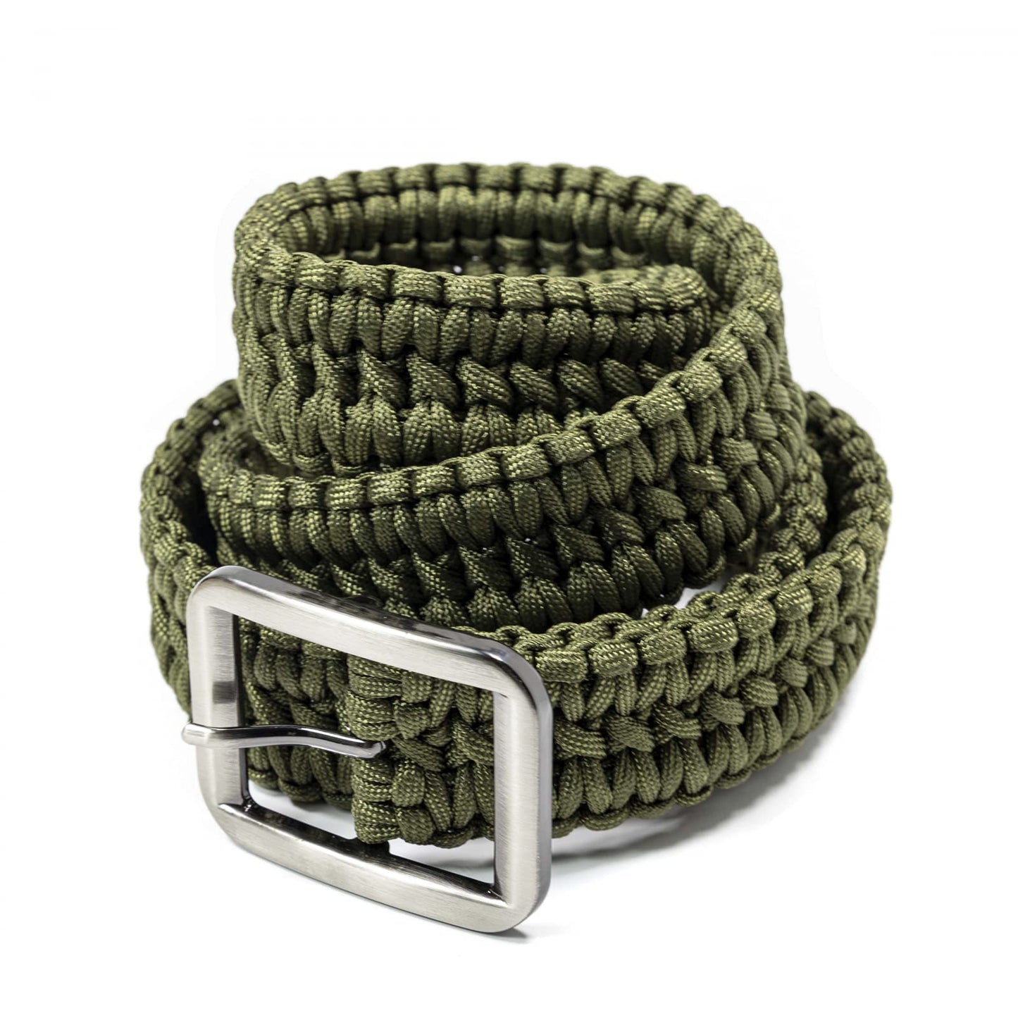 Green paracord belt with a silver buckle on a white background