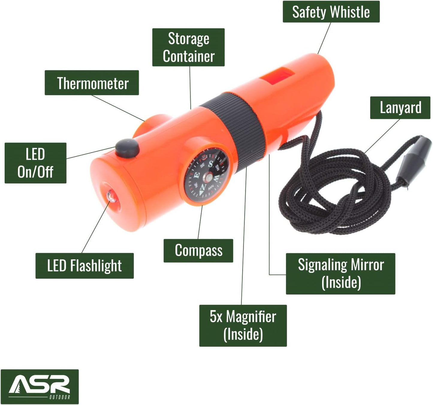 15 in 1 survival necklace whistle, flashlight, mirror, storage compartment, compass