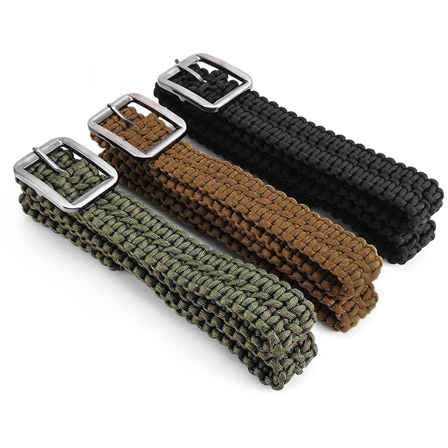 Three paracord belts in green, brown, and black with metal buckles on a white background.