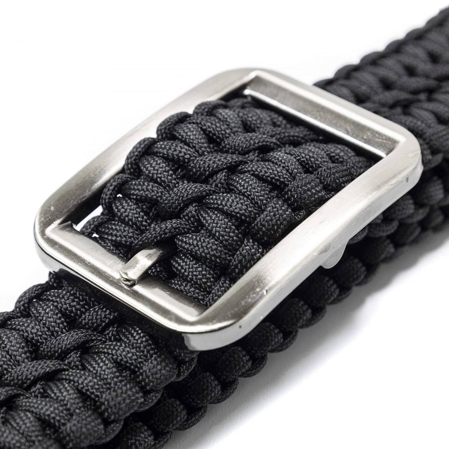 Black braided paracord belt with a silver buckle on a white background