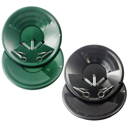 The image shows two green dual riffle gold pans and a pair of magnifying tweezers, which are part of the ASR Outdoor classic field gold panning kit.