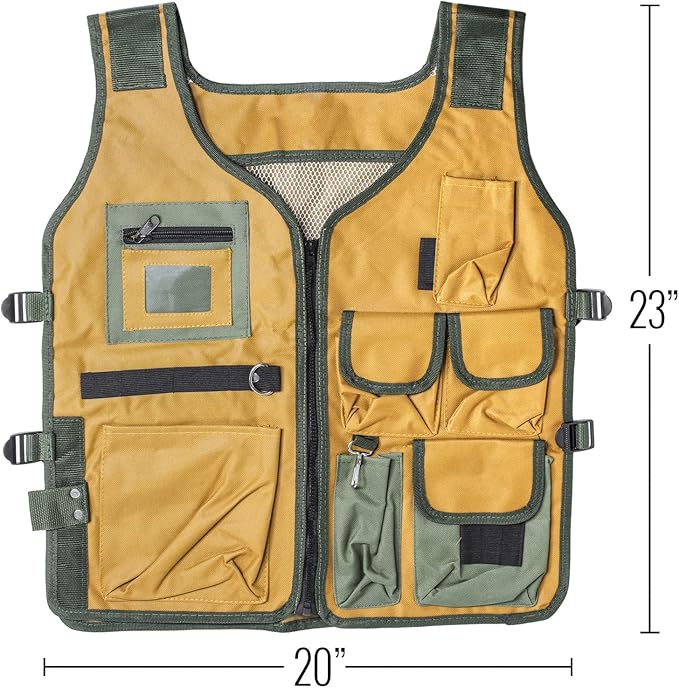 nylon fishing vest with several pockets and compartments yellow and green