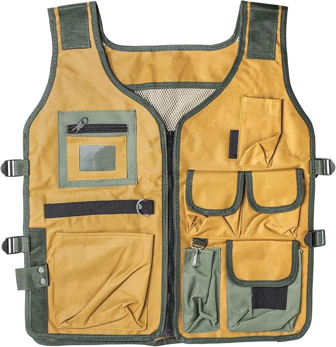 nylon fishing vest with several pockets and compartments yellow and green