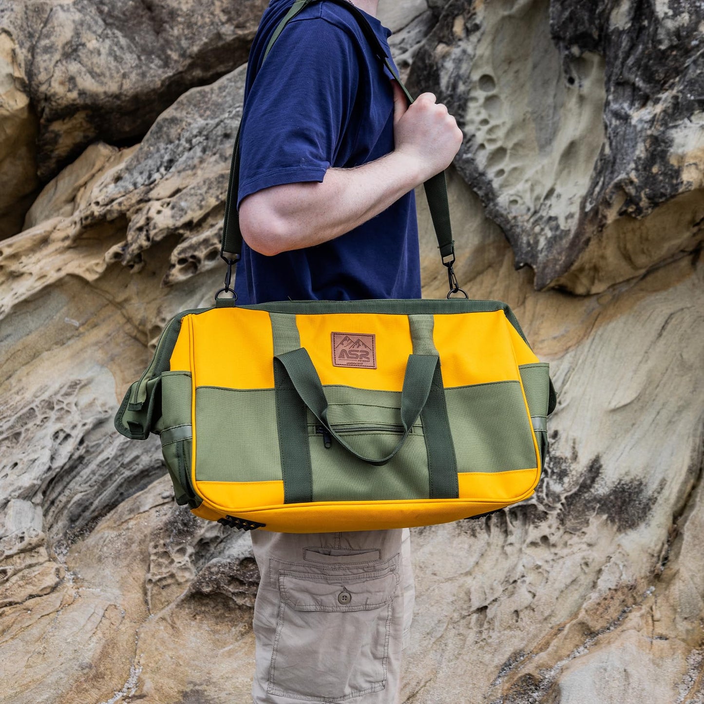 model shot of rock hounding duffle bag for geology or rock breaking
