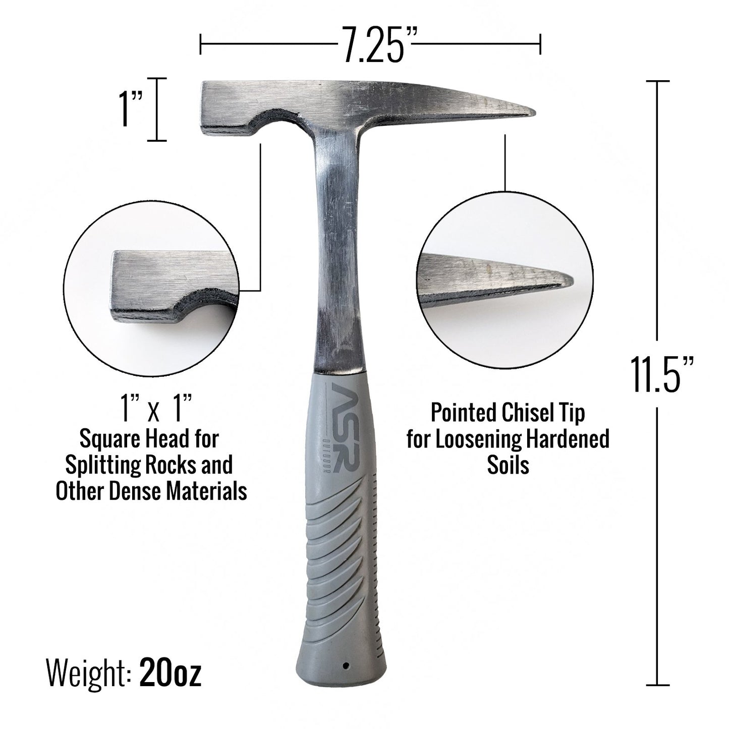 A silver-colored dual sided geology rock pick hammer with a pointed tip and rubberized grip handle, isolated on a white background.