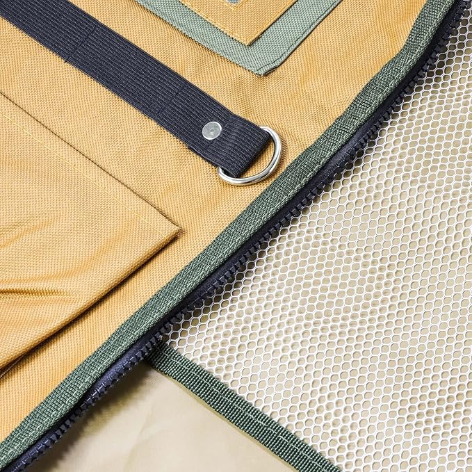 nylon fishing vest with several pockets and compartments yellow and green