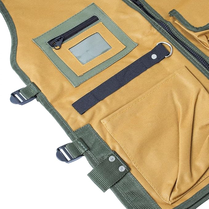 nylon fishing vest with several pockets and compartments yellow and green