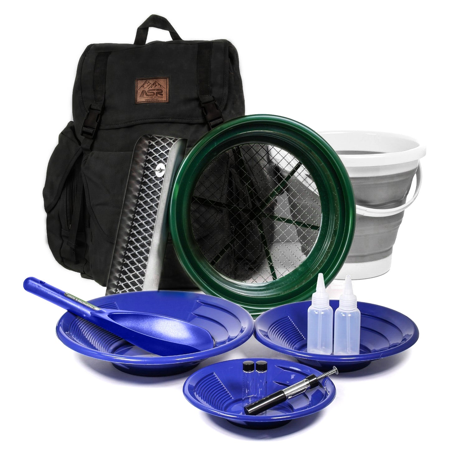 13pc gold panning backpack kit with a collapsible bucket to store concentrates full of gold potential