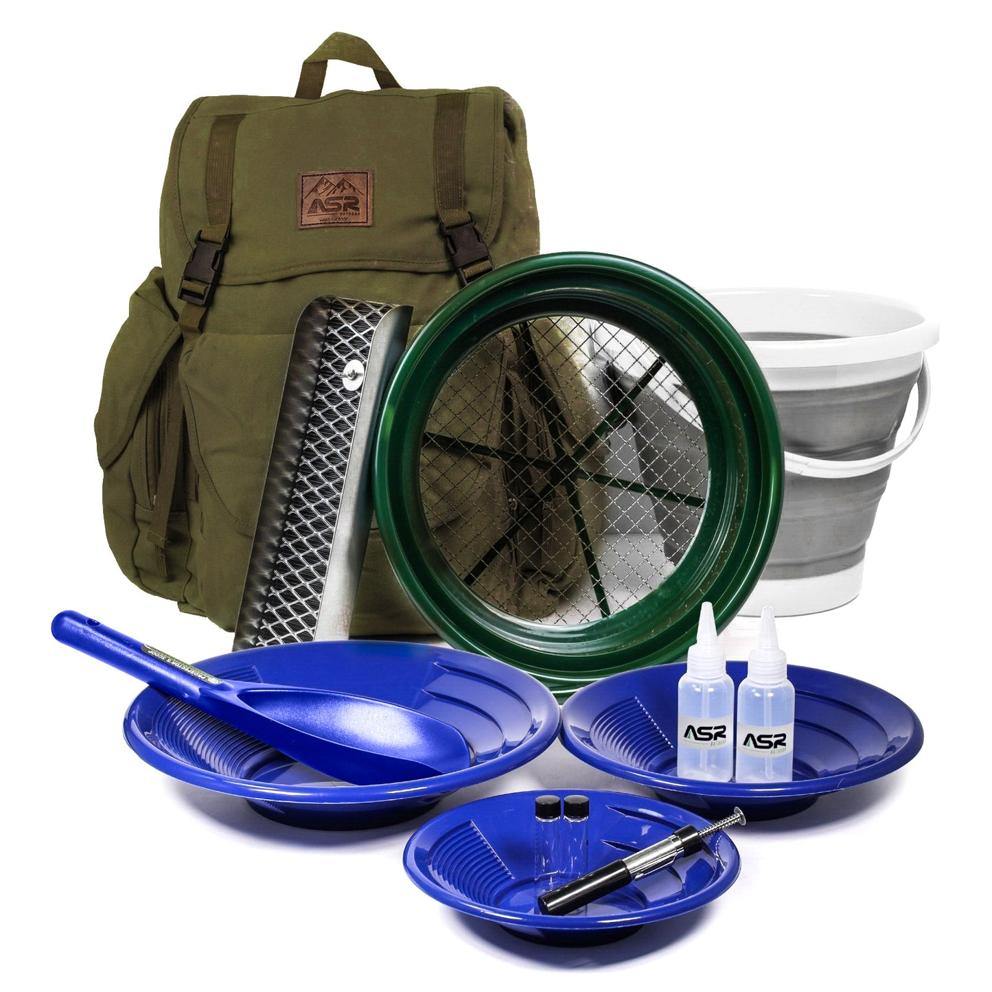 13pc gold panning backpack kit with a collapsible bucket to store concentrates full of gold potential