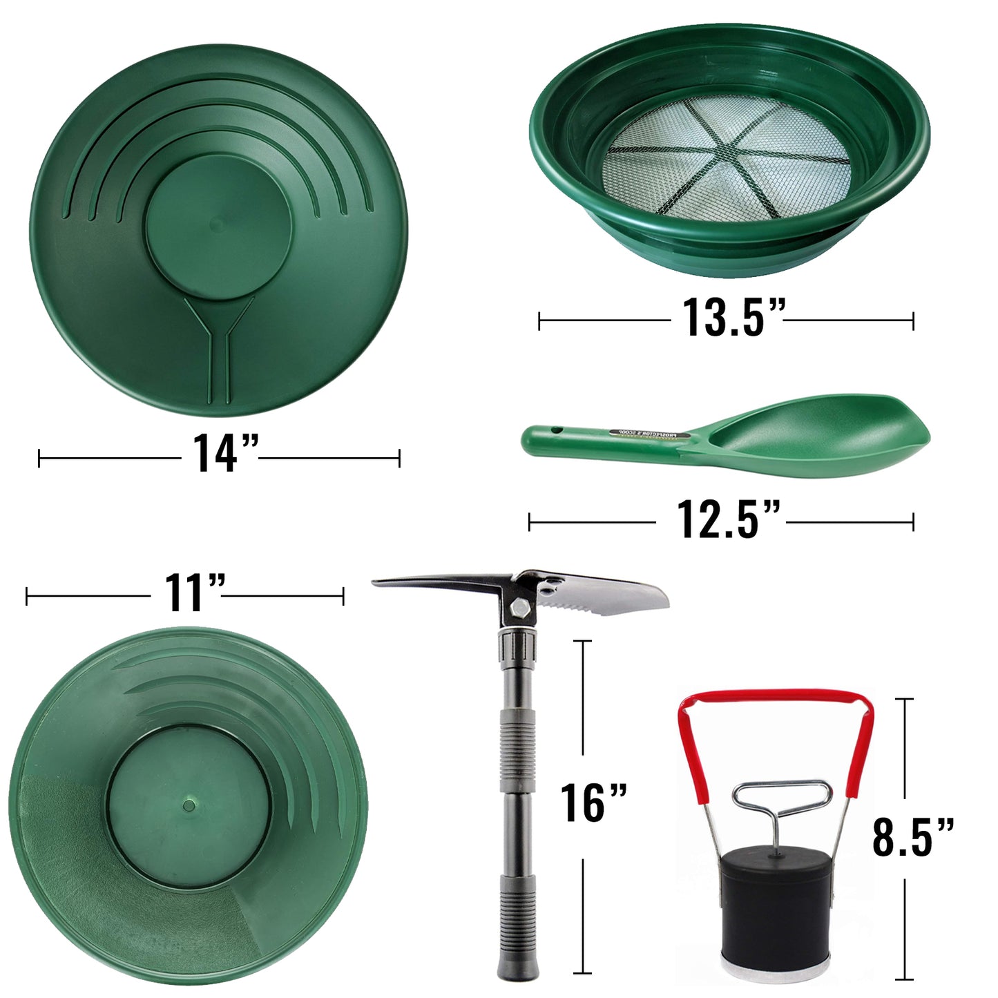 Set of green metal detecting tools with measurements on a white background