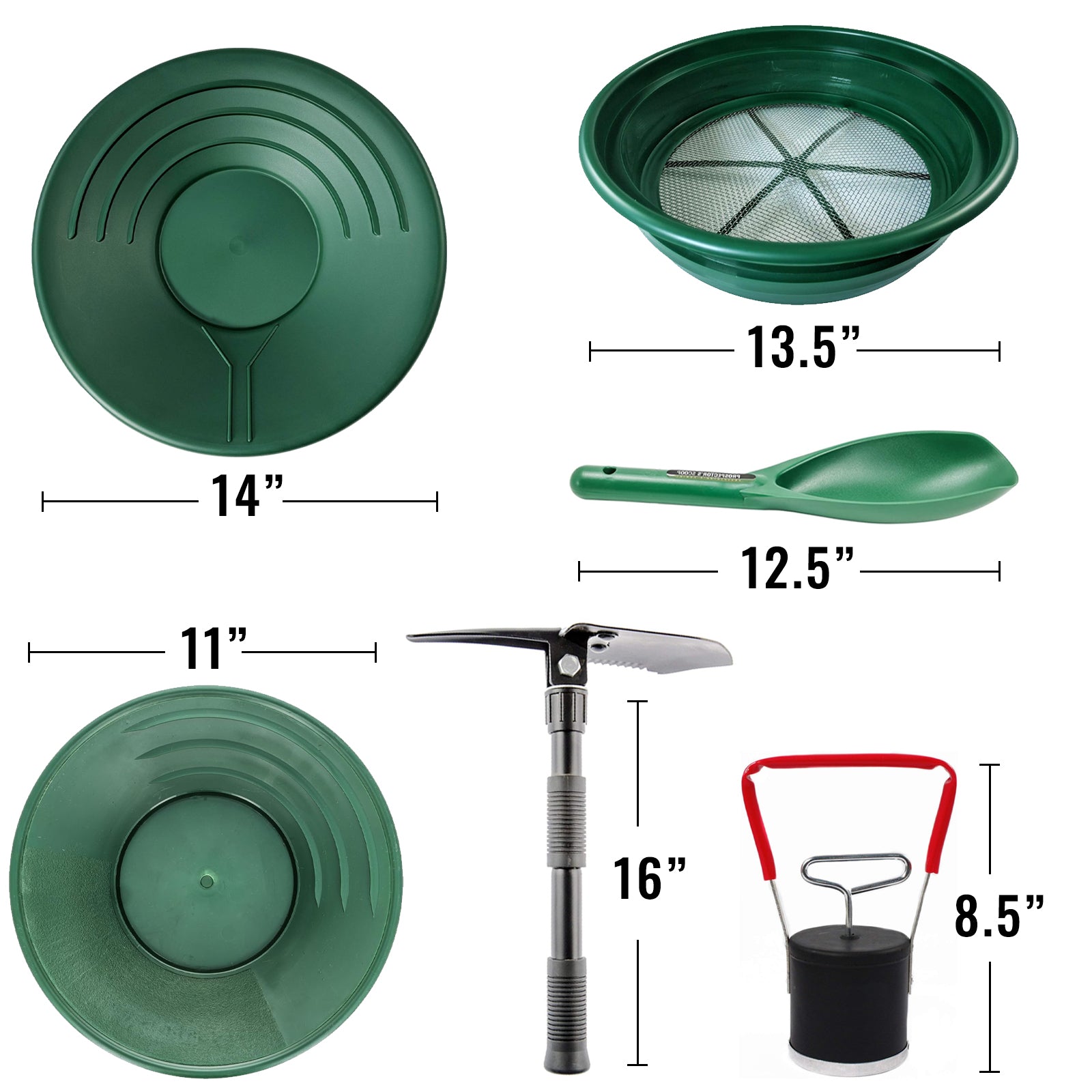 Set of green metal detecting tools with measurements on a white background