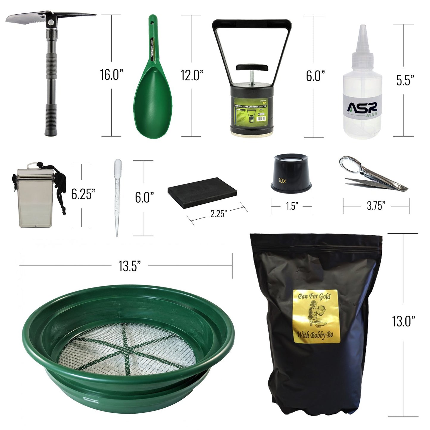 24pc gold panning kit with 5 gallon bucket and 10lbs of gold paydirt from bobbybo