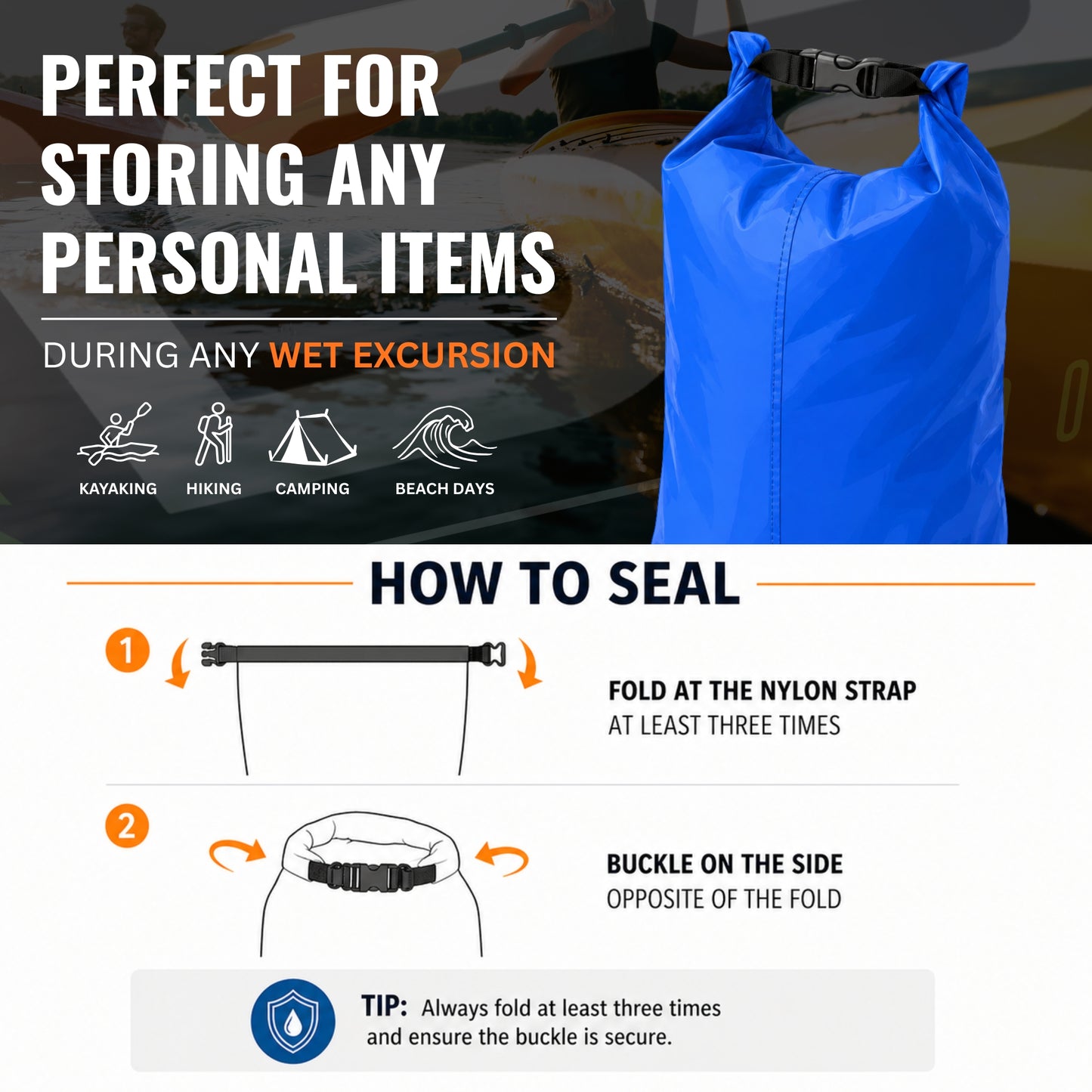 Lightweight waterproof dry sack bag with a roll-top closure (view 5).