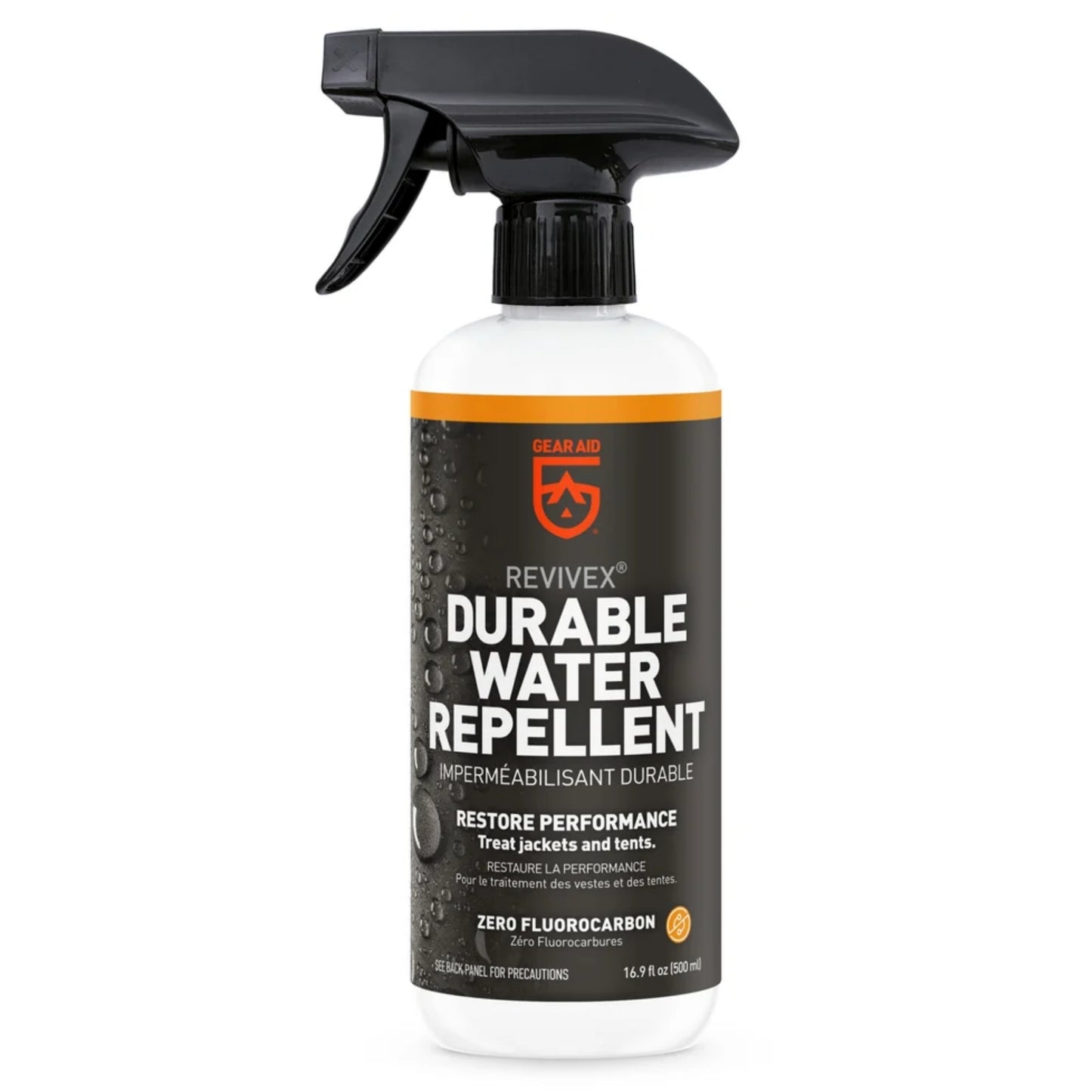 GEAR AID Revivex Durable Water Repellent spray bottles in three sizes.