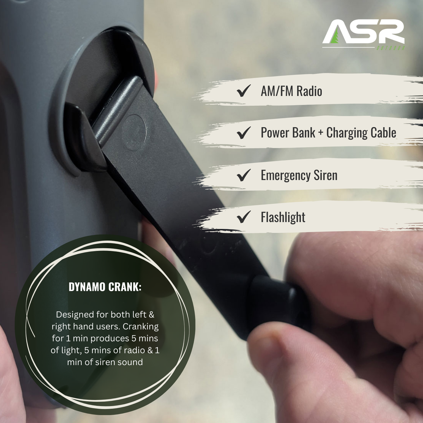 Hand cranking a device with features listed on the right, including AM/FM radio, power bank, charging cable, emergency siren, and flashlight, branded ASR.