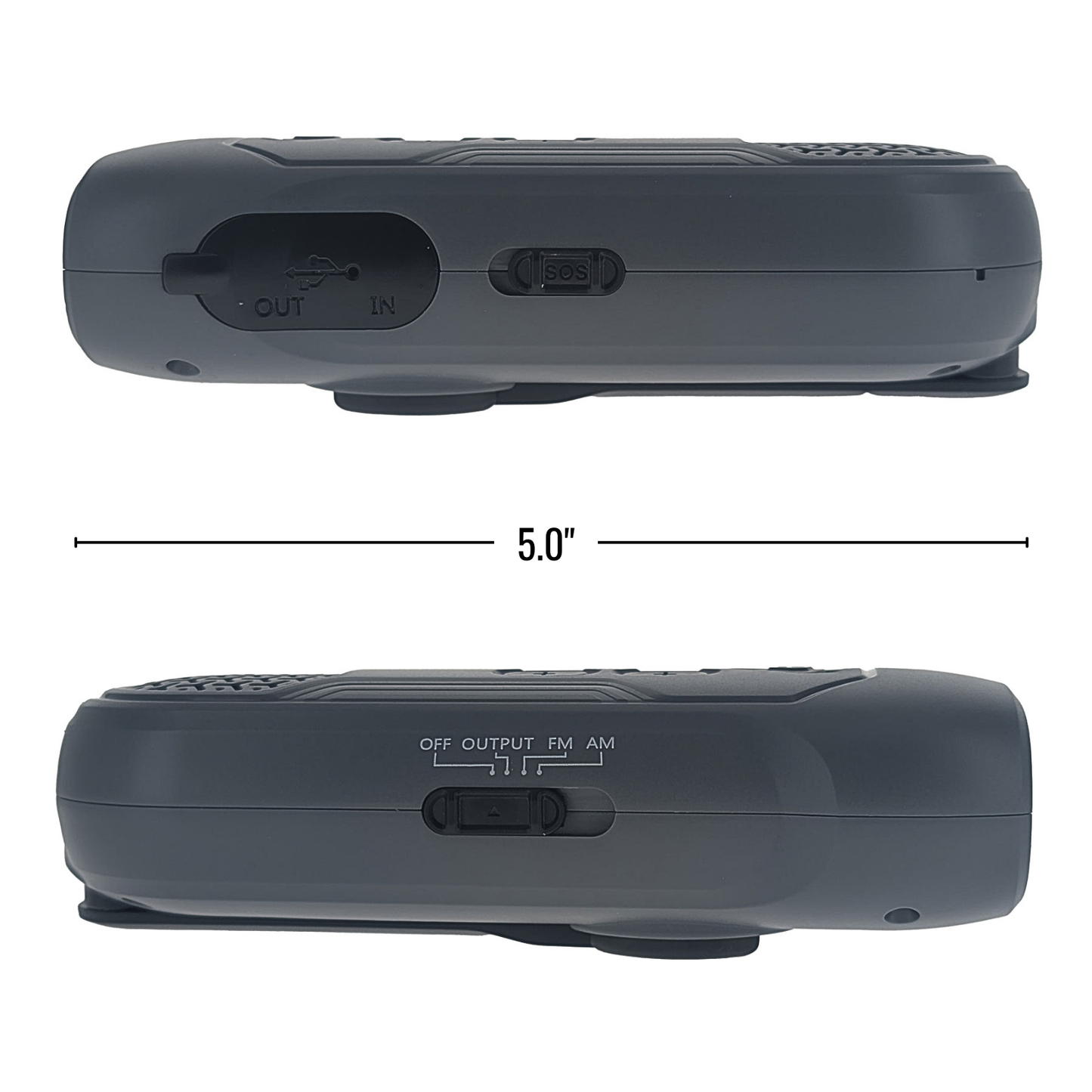 Two views of a gray electronic device with labeled ports and dimensions on a white background.