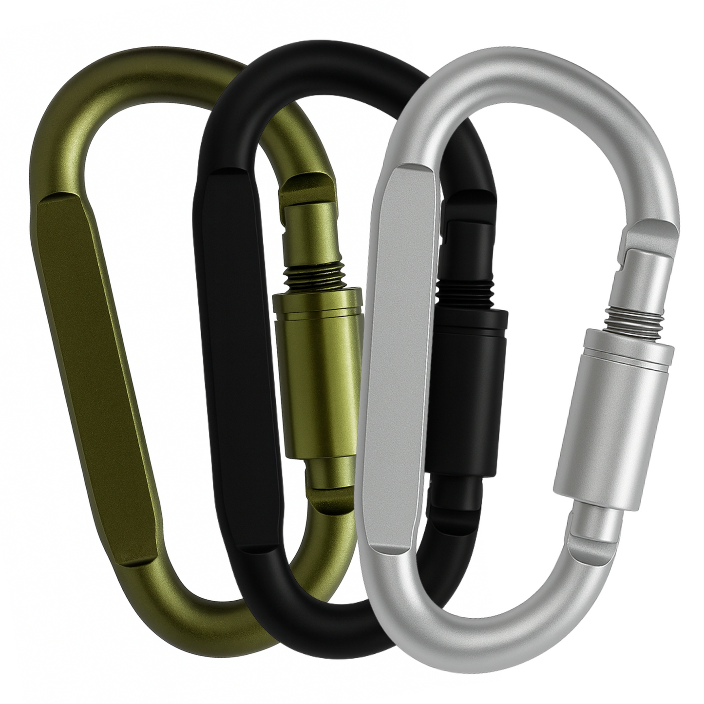 Three carabiners in green, black, and silver on a white background