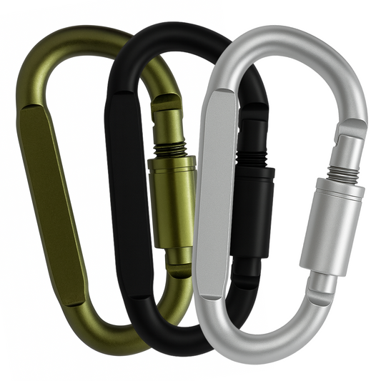 Three carabiners in green, black, and silver on a white background