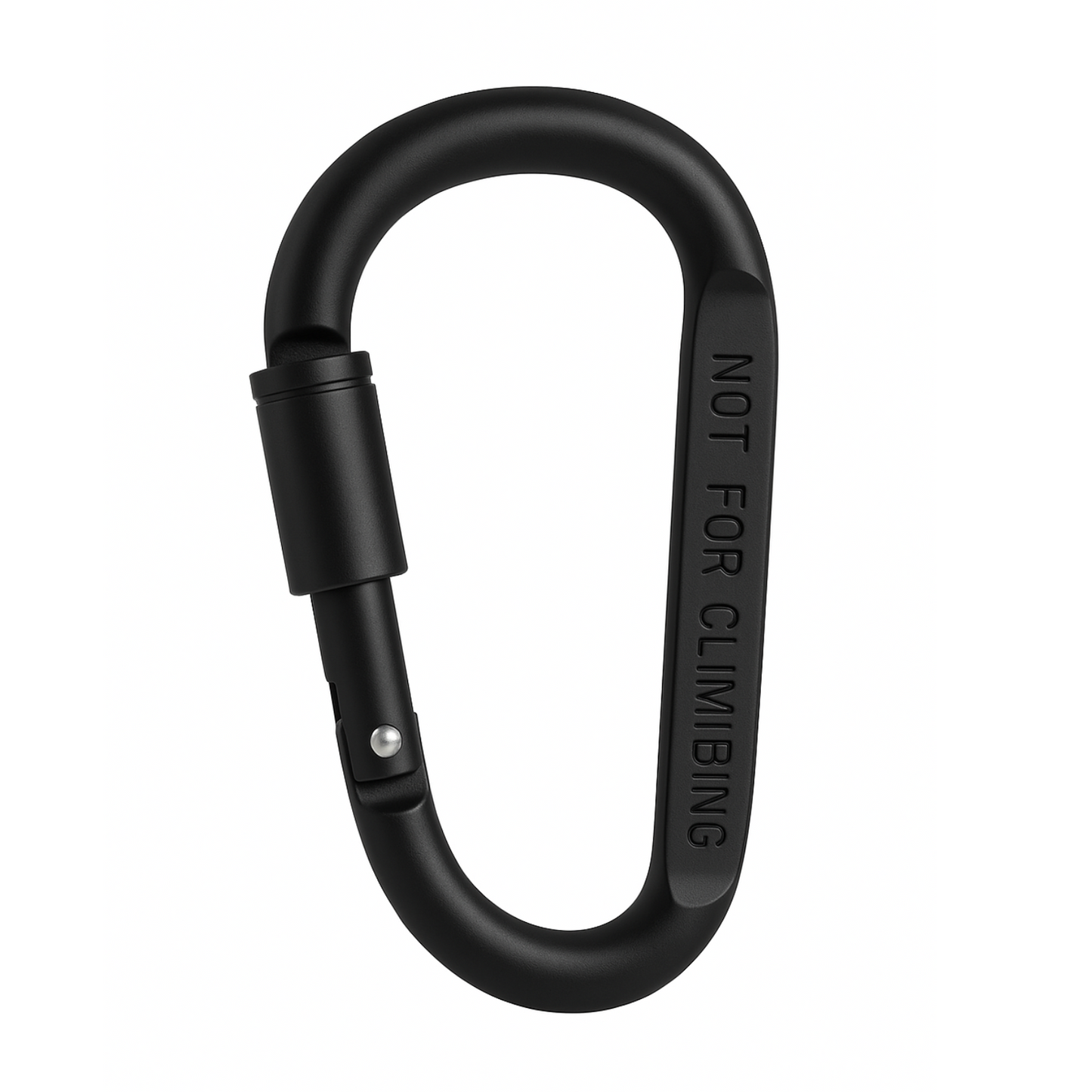 Black carabiner with 'Not for Climbing' engraving on a white background