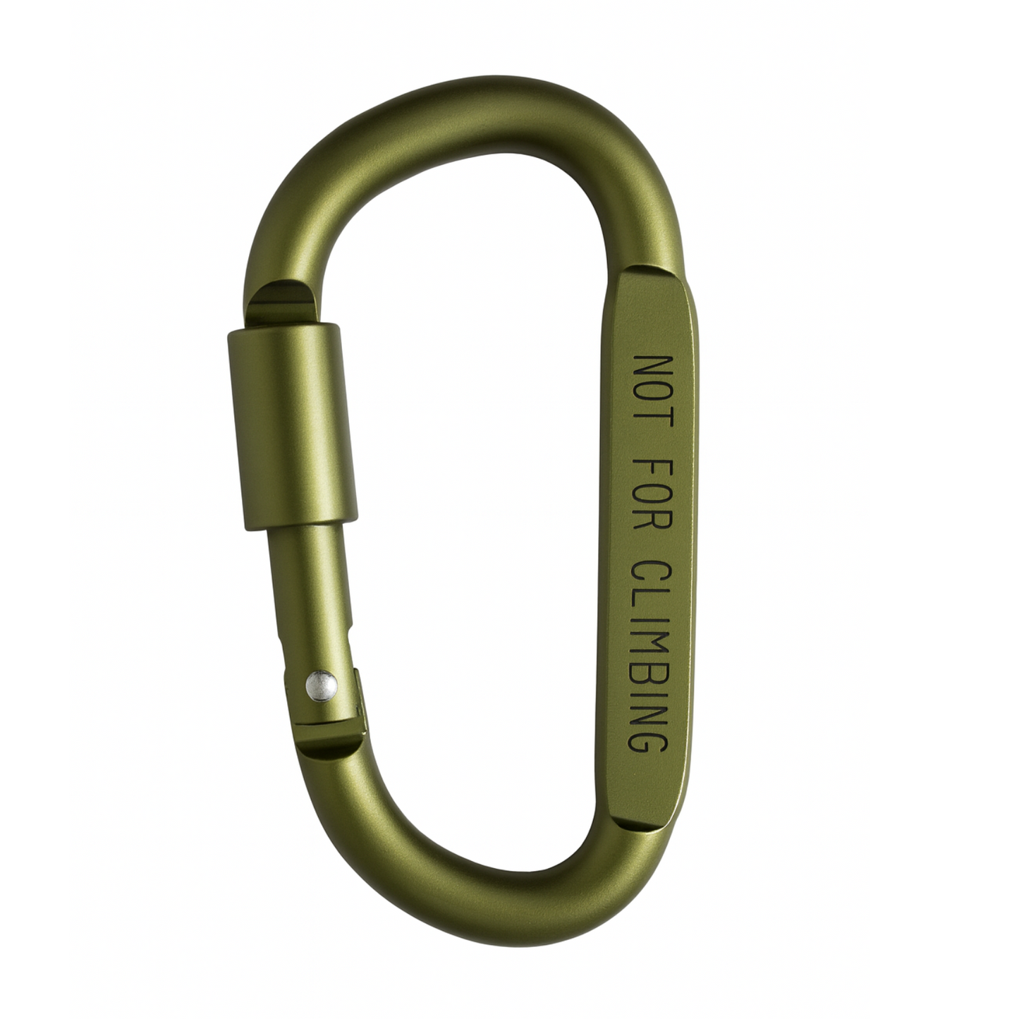 Green carabiner with 'Not for Climbing' text on a white background