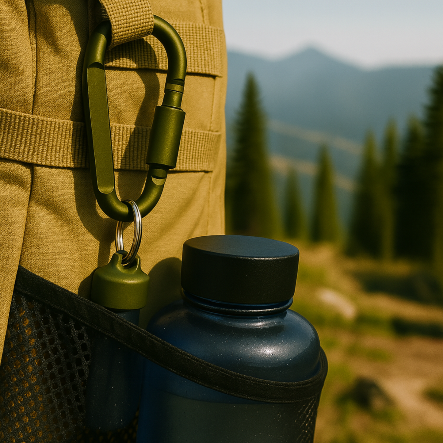 Blue water bottle with green carabiner attached to a backpack against a mountainous background