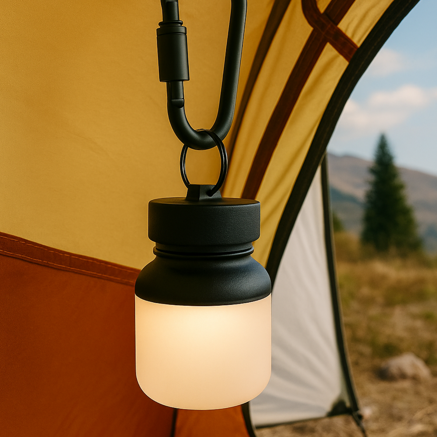 Camping lantern hanging from a tent with a scenic background