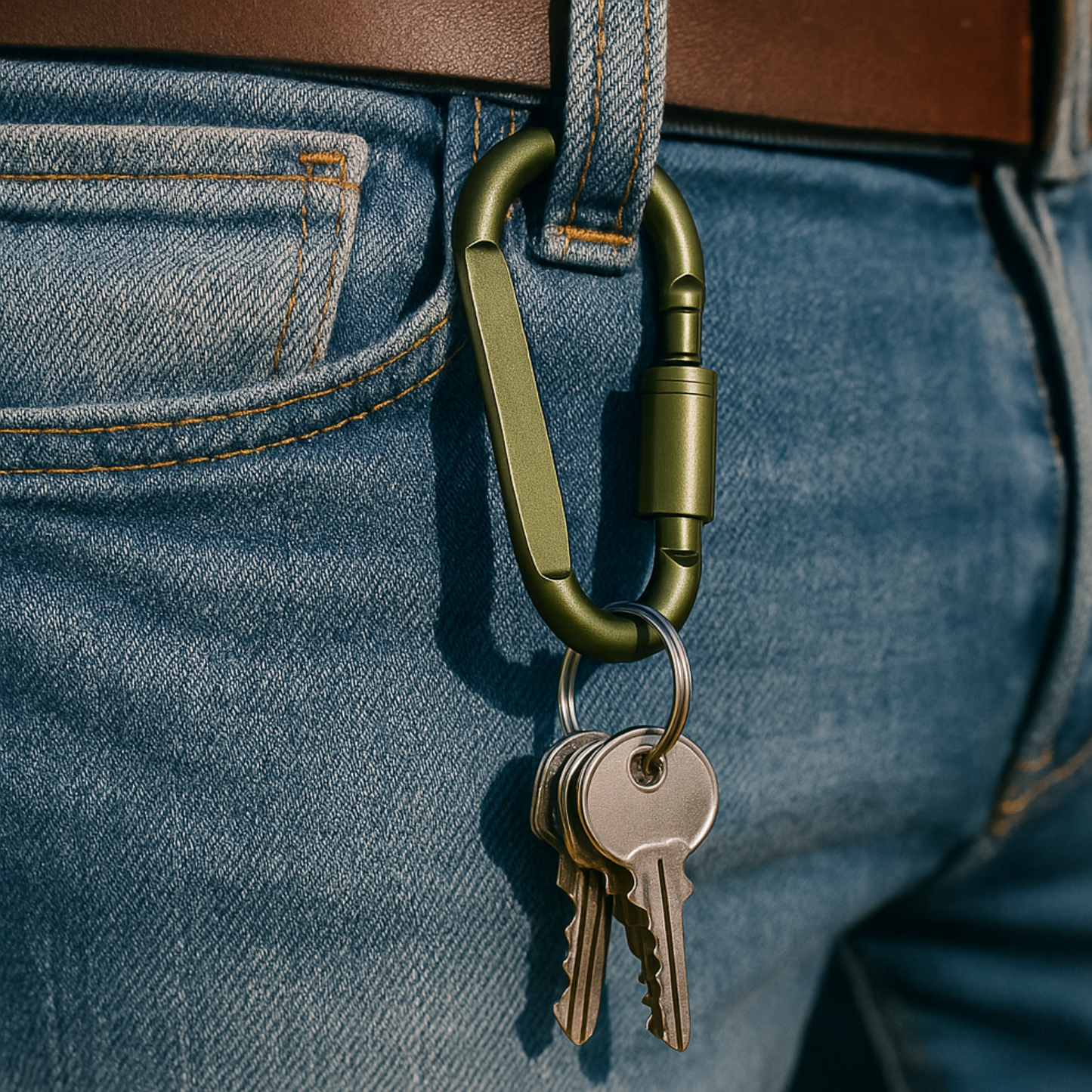 Green carabiner with keys attached to a blue denim pocket