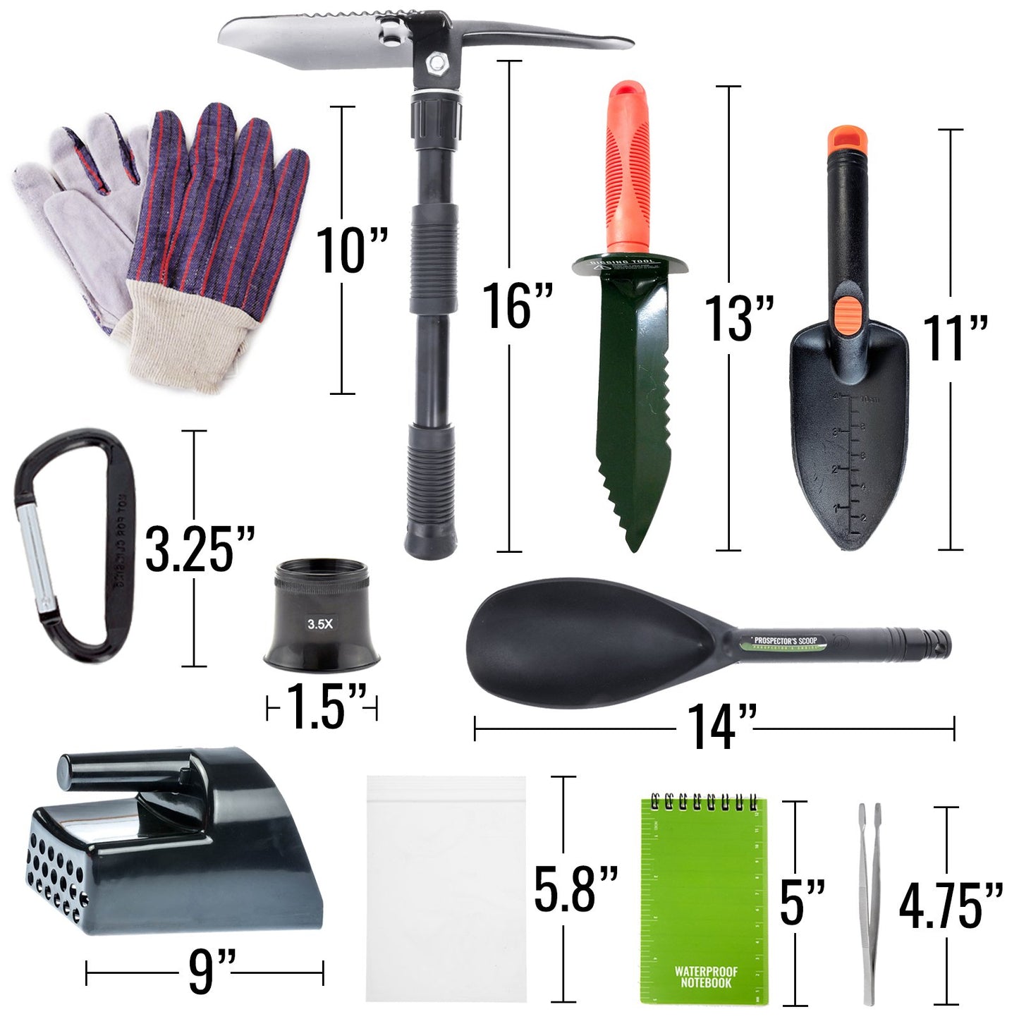 Metal detecting tool kit with backpack or yellow satchel