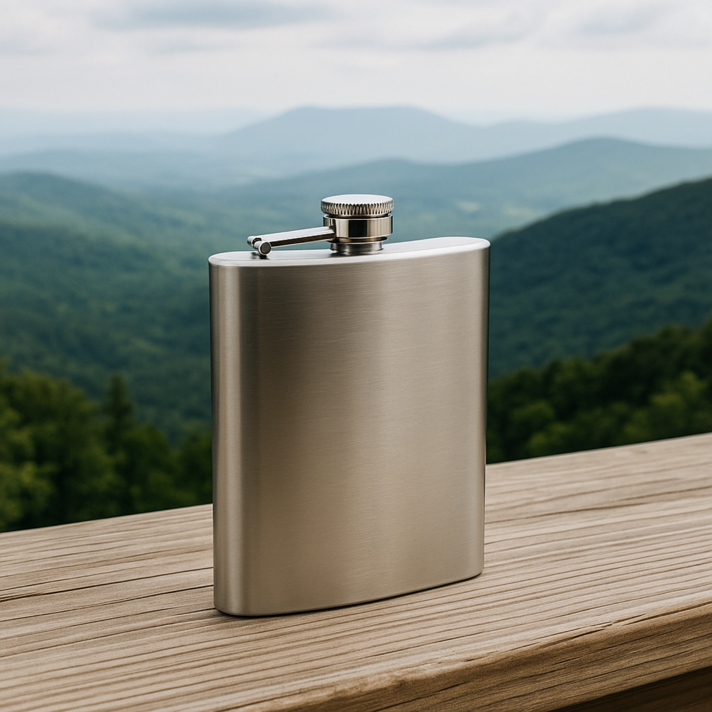 Stainless steel flask on a wooden surface with a scenic background of mountains and trees.