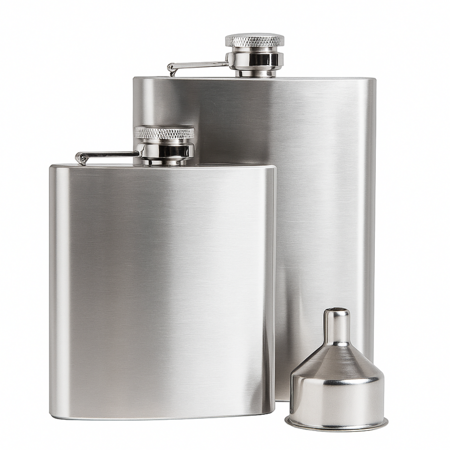 Stainless steel flask with funnel on a white background