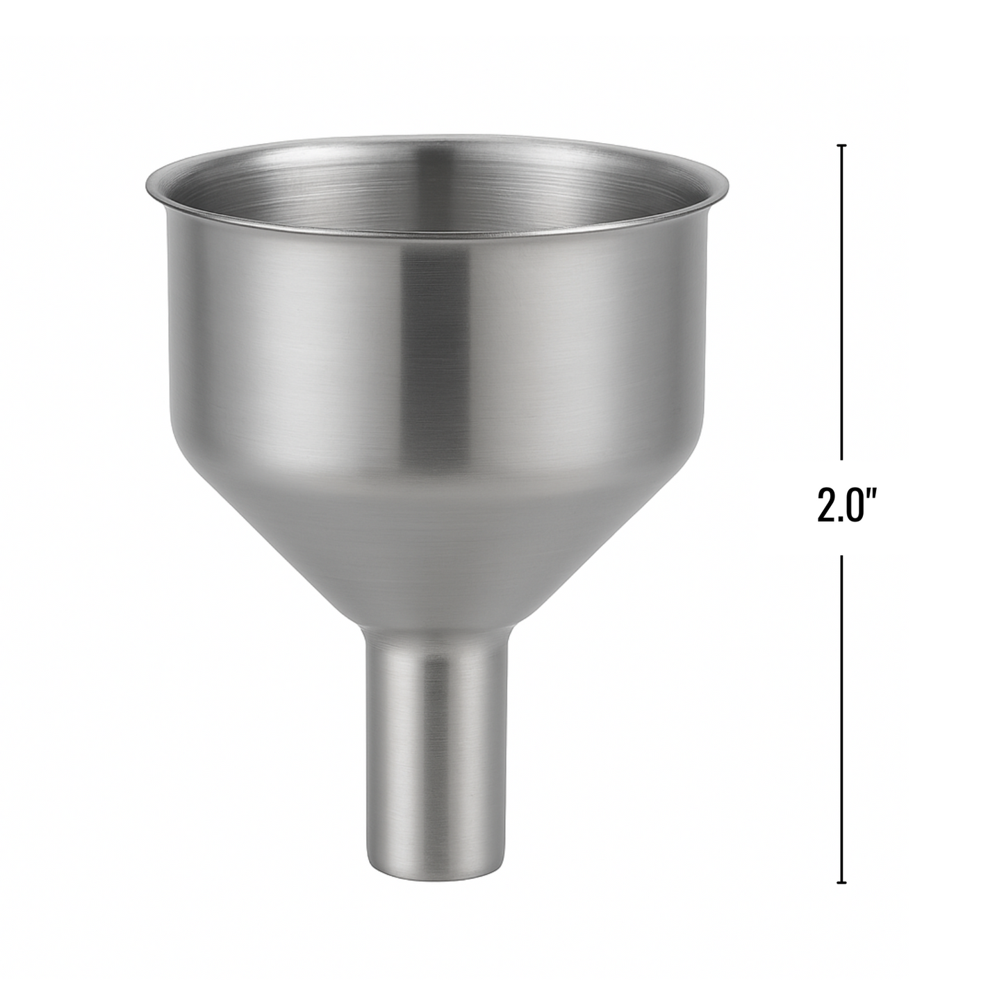 Stainless steel funnel with a measurement label on a white background