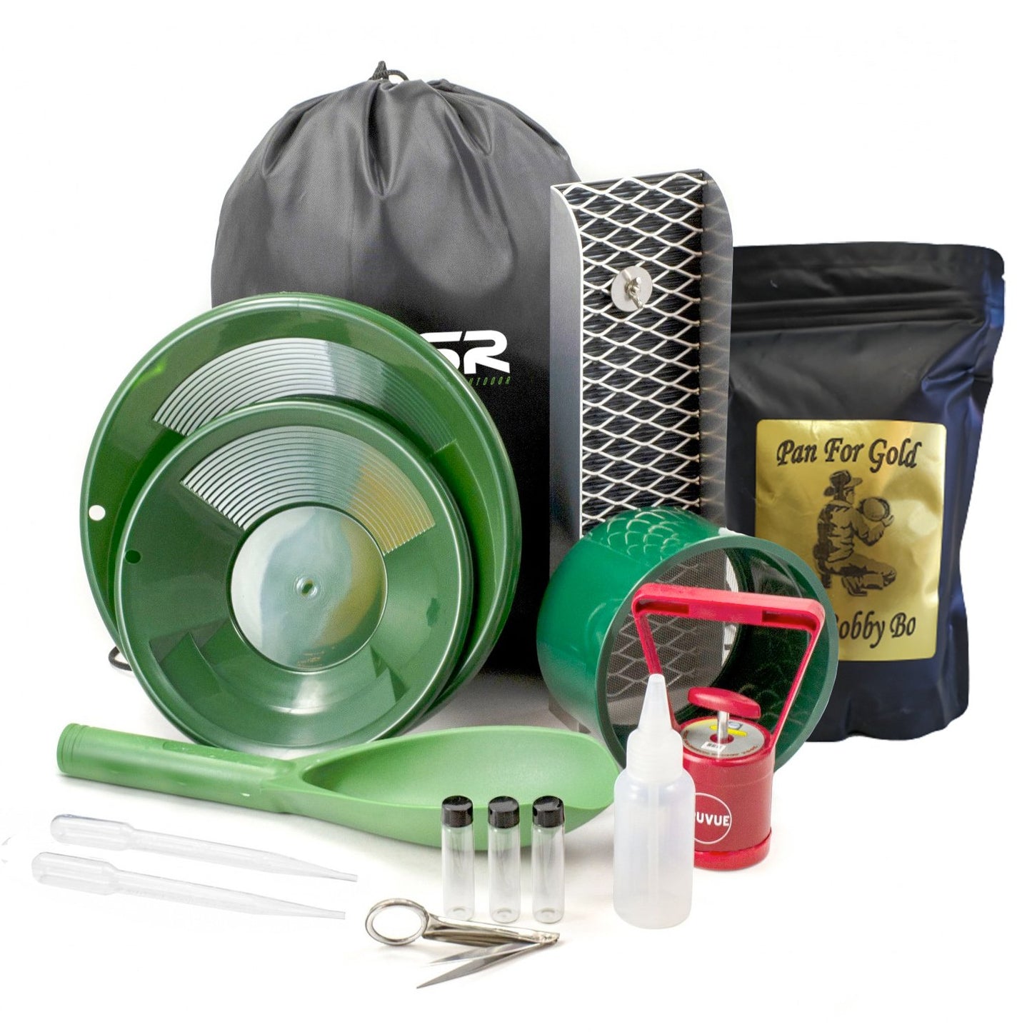 15pc complete gold panning kit with backpack and mini sluice box and 3lbs of gold paydirt gauranteed gold
