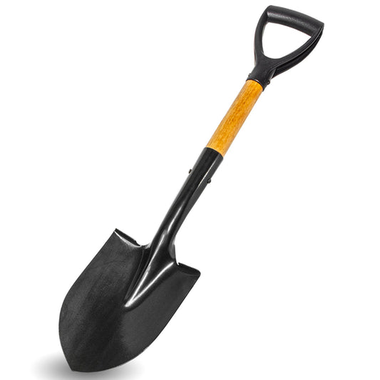 A black steel shovel with a knurled wooden handle, suitable for gold prospecting and gardening.