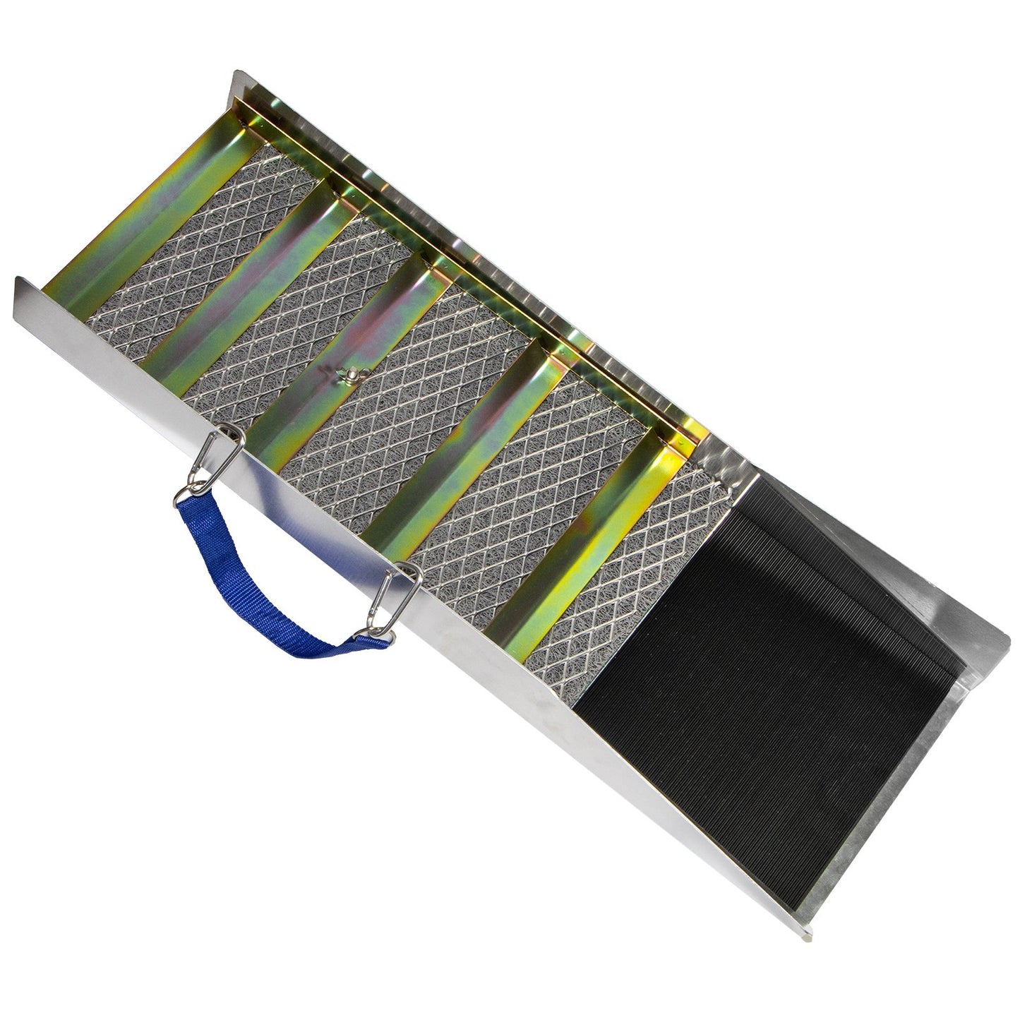 A 27 inch compact aluminum sluice box with flared mouth, featuring layers of gold trapping material and a blue shoulder strap.