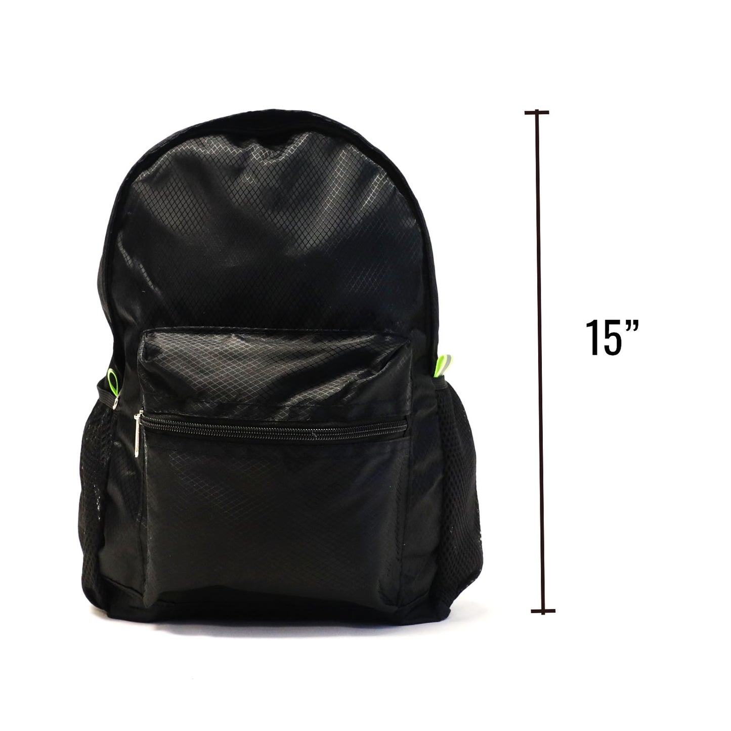 collapsible all black backpack transforms from as small as a pencil pouch to a medium sized backpack