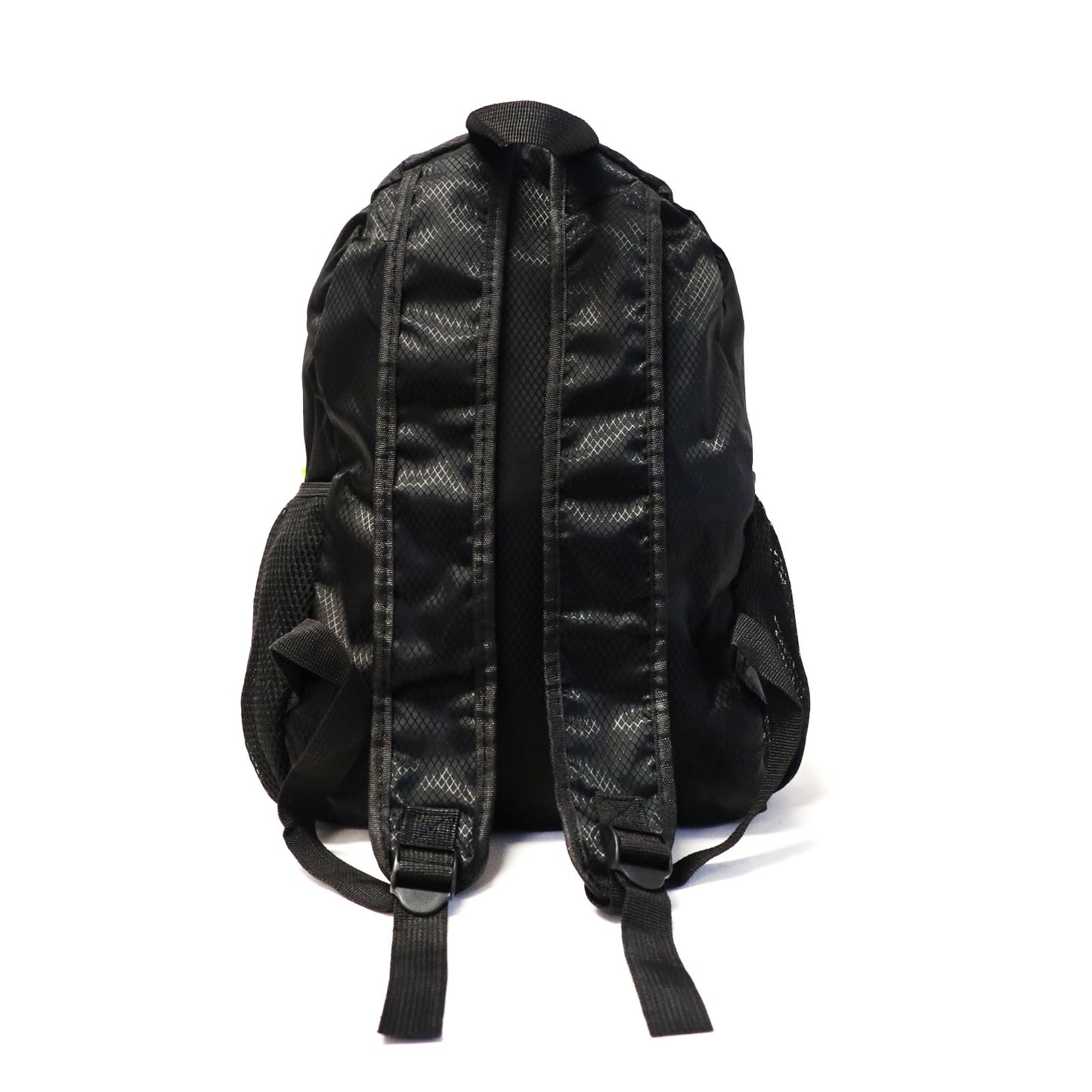 collapsible all black backpack transforms from as small as a pencil pouch to a medium sized backpack
