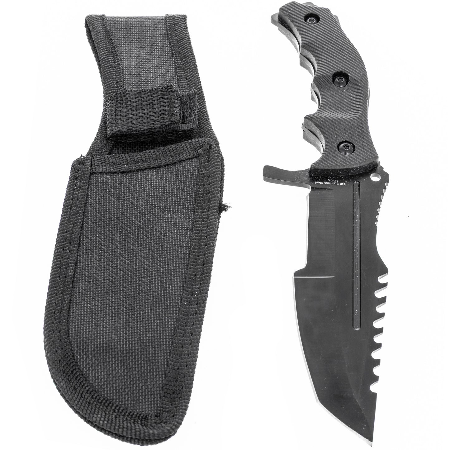 huntsman all black tactical knife with sheath